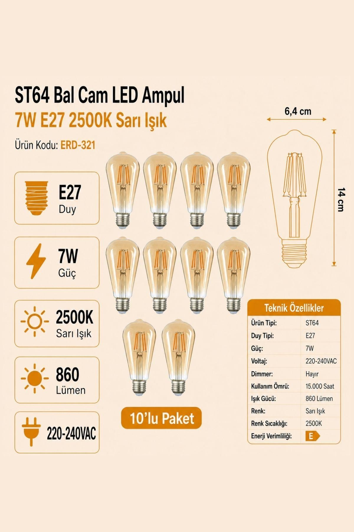 HEKA ST64 Bal Cam LED Ampul 7W E27 2500K Sarı Işık ERD-321 10'lu