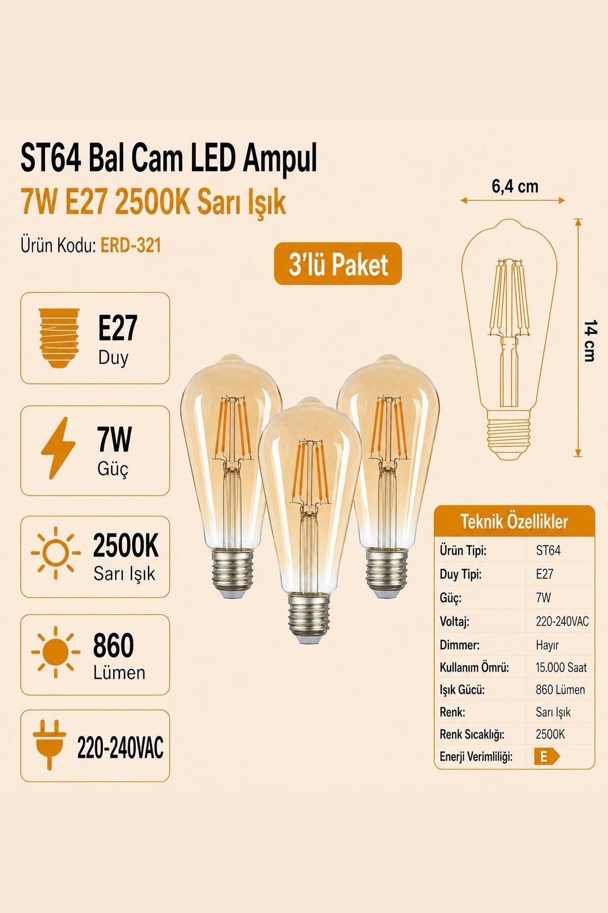 HEKA ST64 Bal Cam LED Ampul 7W E27 2500K Sarı Işık ERD-321 3'lü