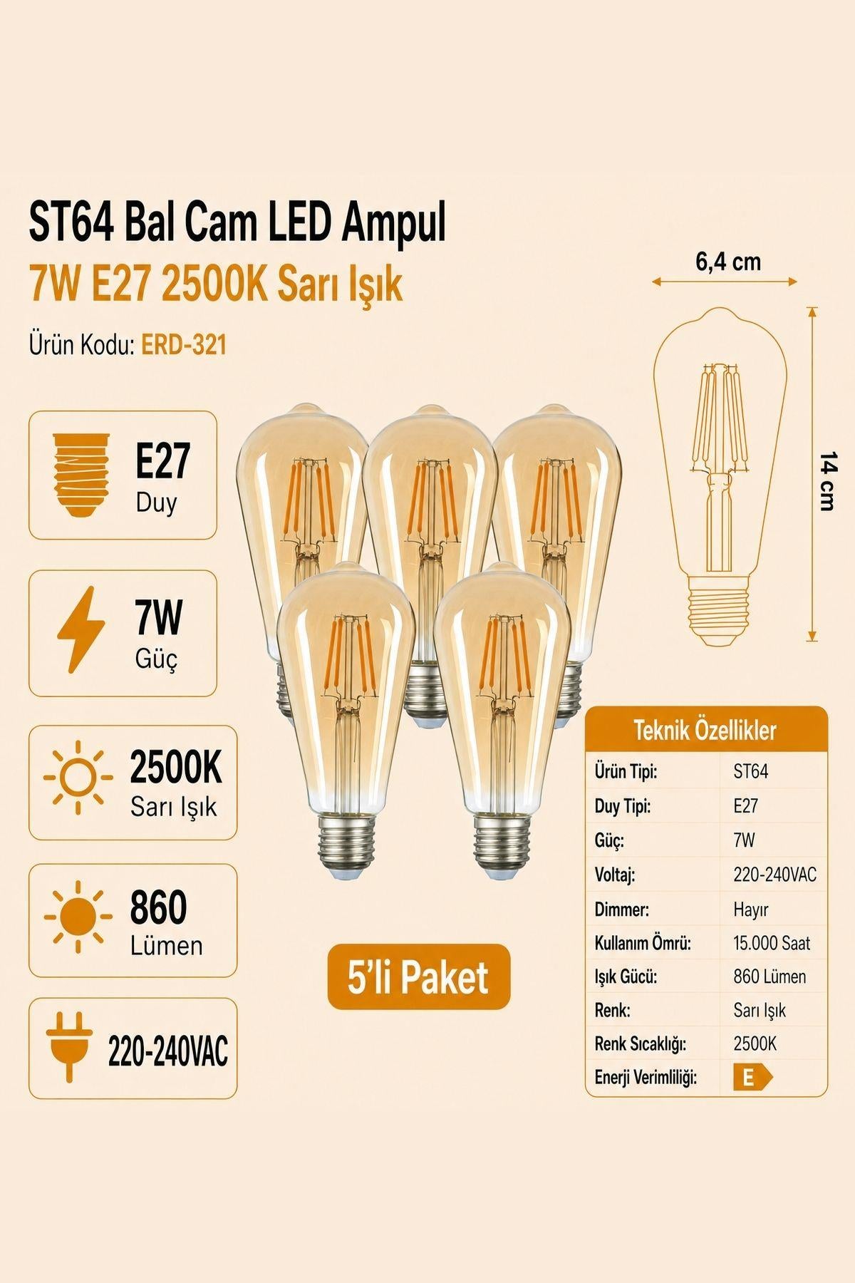 HEKA ST64 Bal Cam LED Ampul 7W E27 2500K Sarı Işık ERD-321 5'li