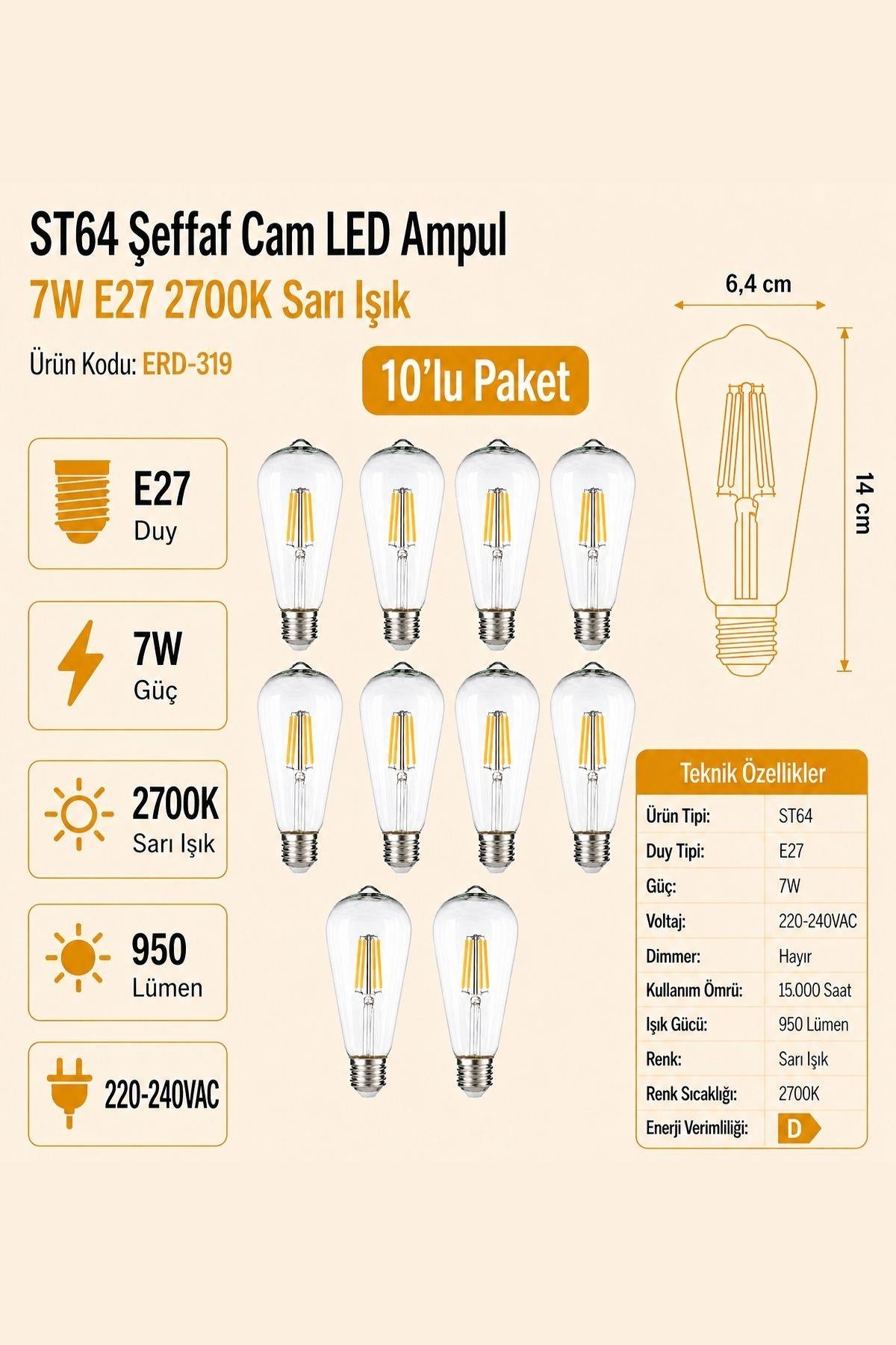 HEKA ST64 Şeffaf Cam LED Ampul 7W E27 2700K Sarı Işık ERD-319 10'lu