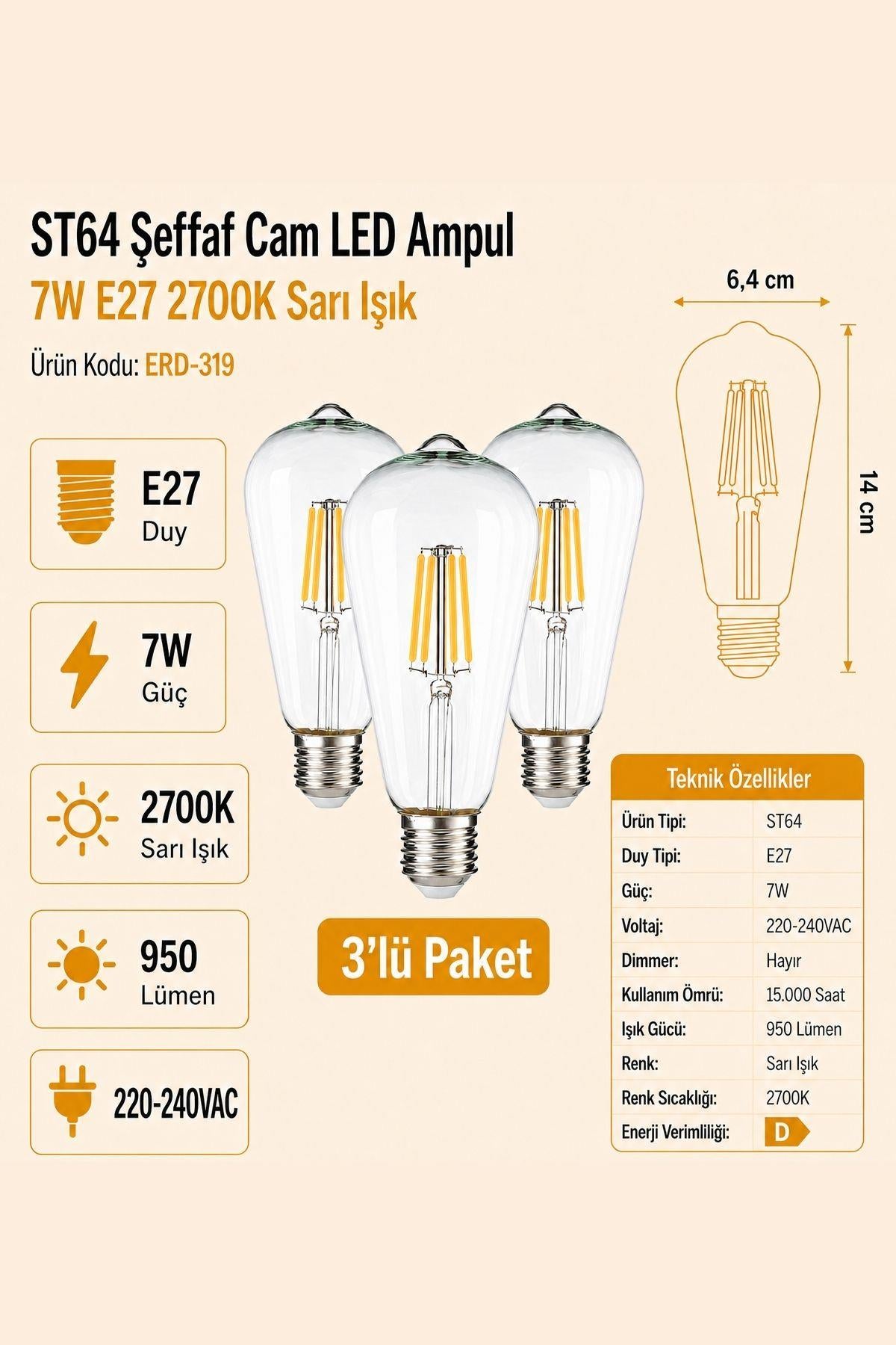 HEKA ST64 Şeffaf Cam LED Ampul 7W E27 2700K Sarı Işık ERD-319 3'lü