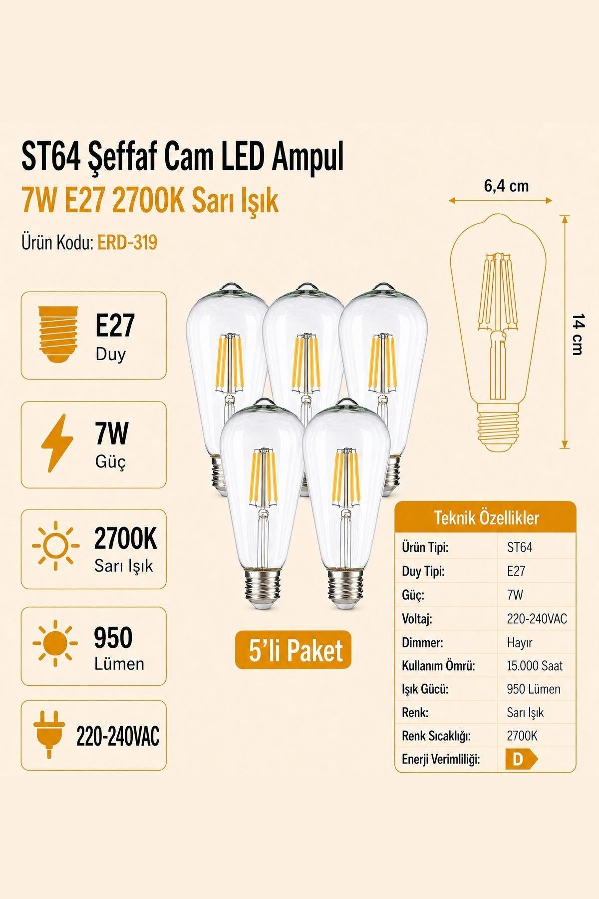 HEKA ST64 Şeffaf Cam LED Ampul 7W E27 2700K Sarı Işık ERD-319 5'li