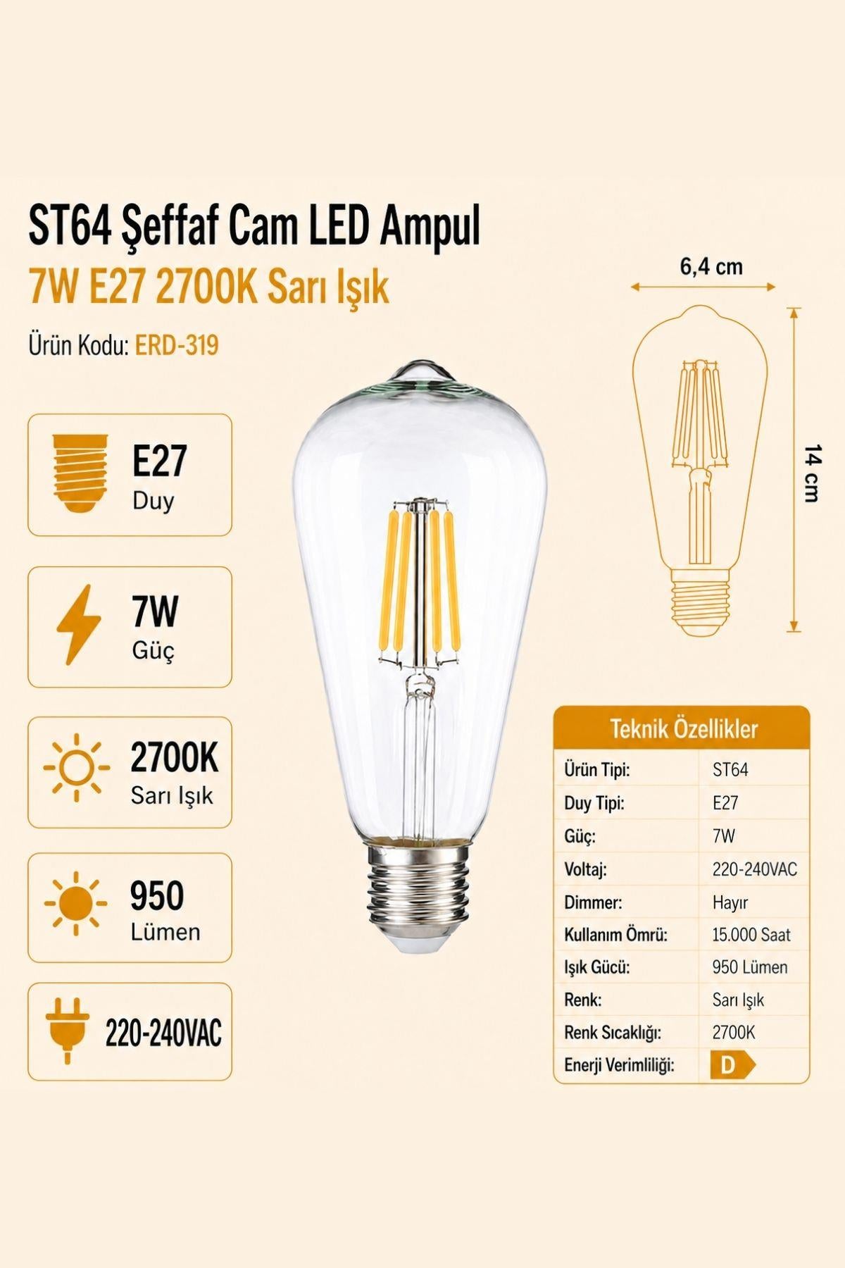 HEKA ST64 Şeffaf Cam LED Ampul 7W E27 2700K Sarı Işık ERD-319