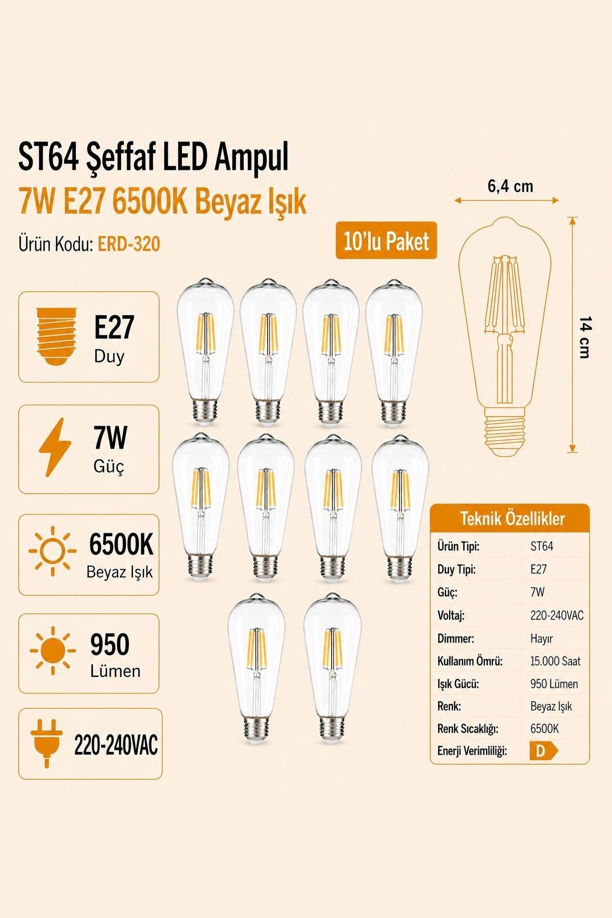 HEKA ST64 Şeffaf Cam LED Ampul 7W E27 6500K Beyaz Işık ERD-320 10'lu