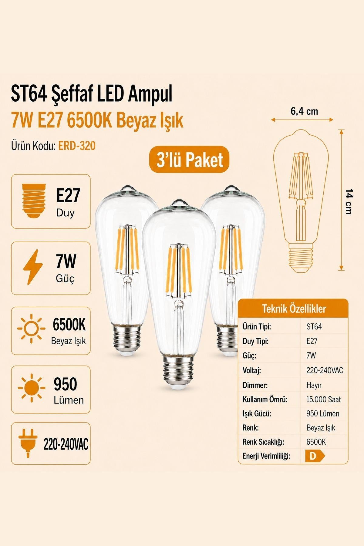 HEKA ST64 Şeffaf Cam LED Ampul 7W E27 6500K Beyaz Işık ERD-320 3'lü