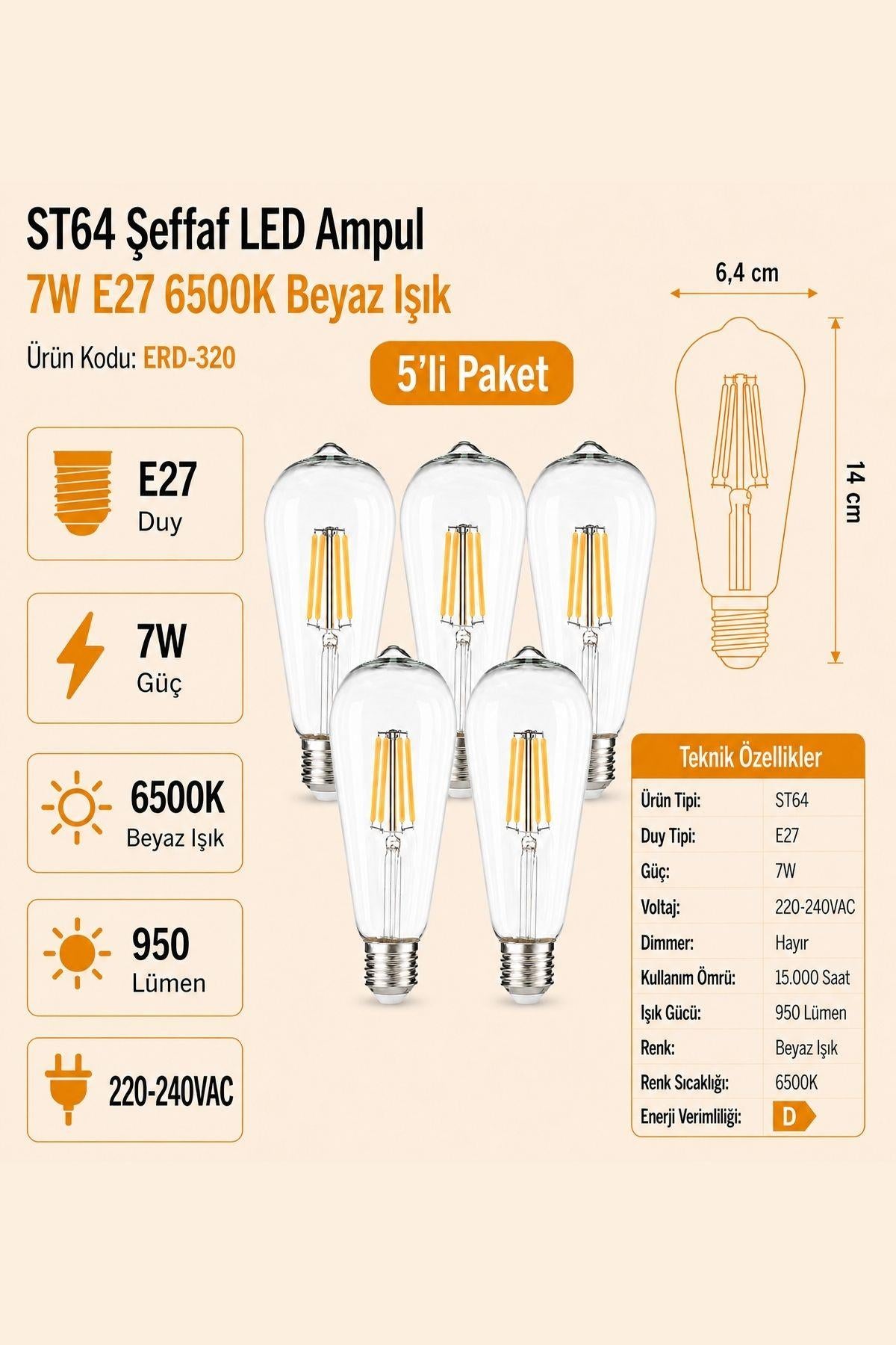 HEKA ST64 Şeffaf Cam LED Ampul 7W E27 6500K Beyaz Işık ERD-320 5'li
