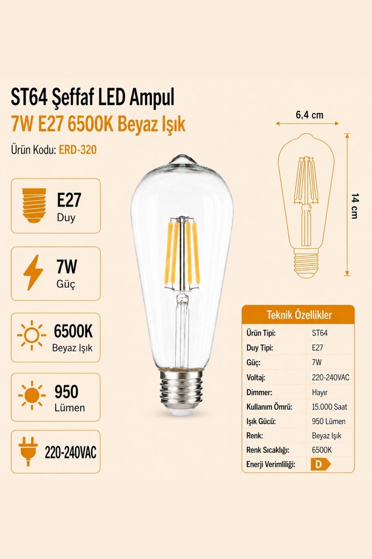HEKA ST64 Şeffaf Cam LED Ampul 7W E27 6500K Beyaz Işık ERD-320