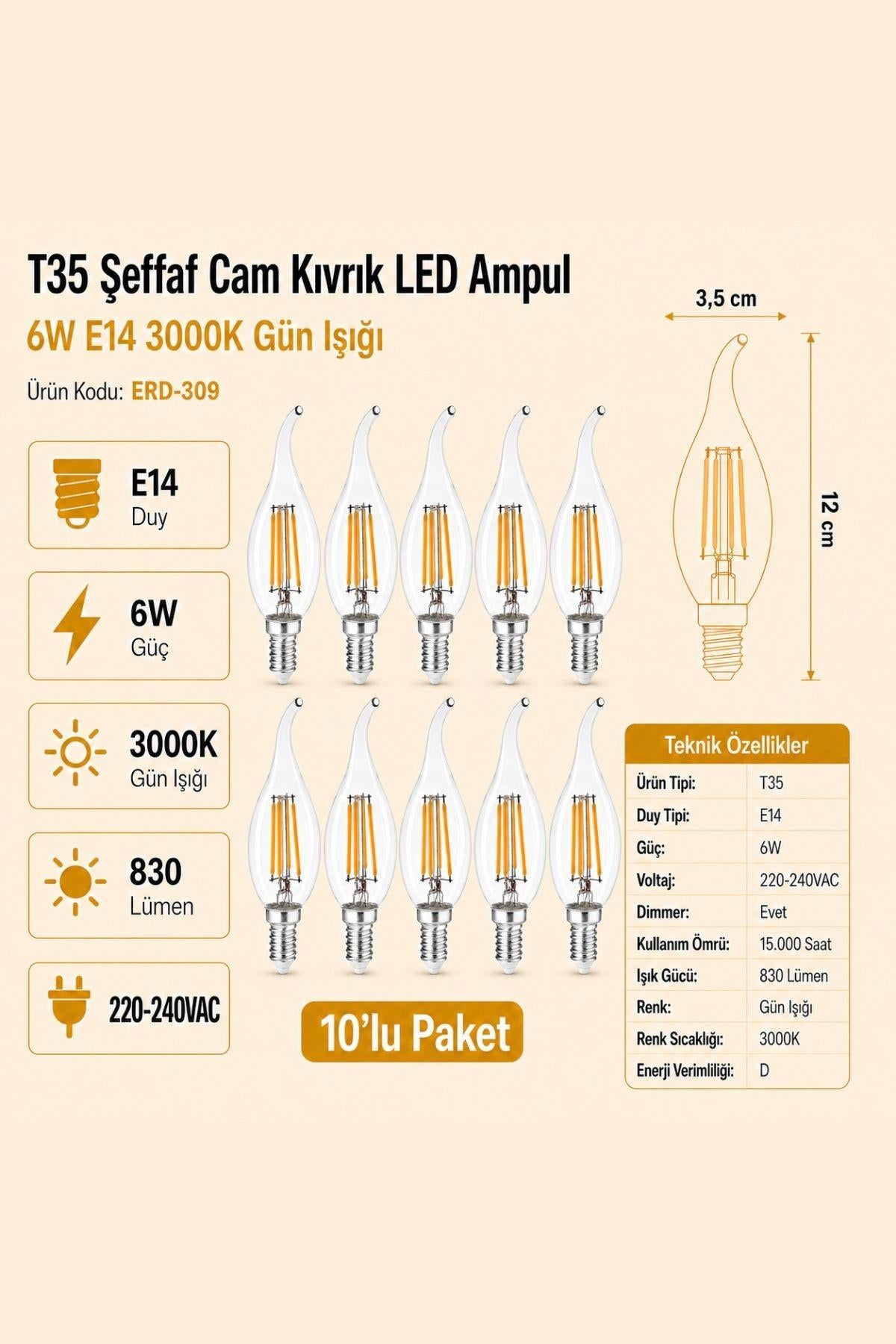 HEKA T35 Şeffaf Cam Kıvrık LED Ampul 6W E14 3000K Gün Işığı ERD-309 10'lu