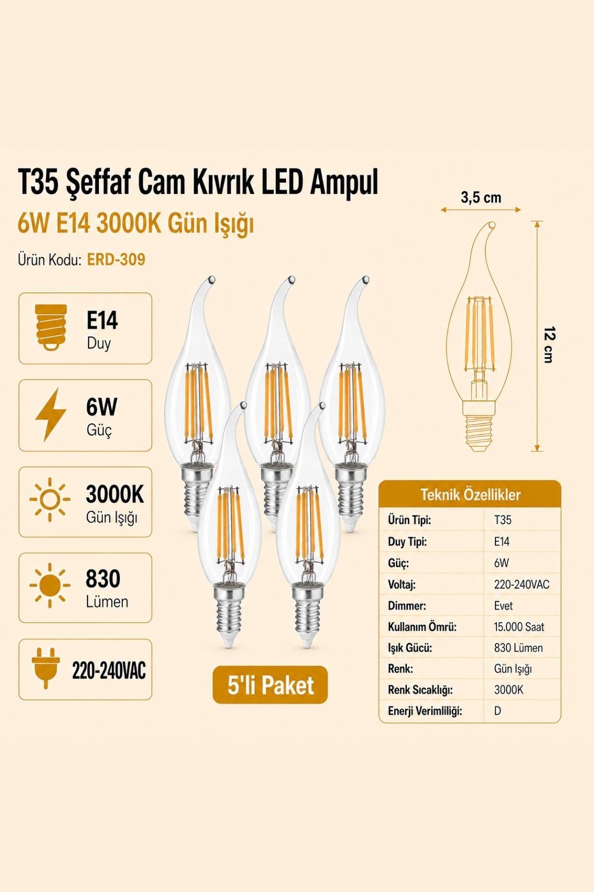 HEKA T35 Şeffaf Cam Kıvrık LED Ampul 6W E14 3000K Gün Işığı ERD-309 5'li