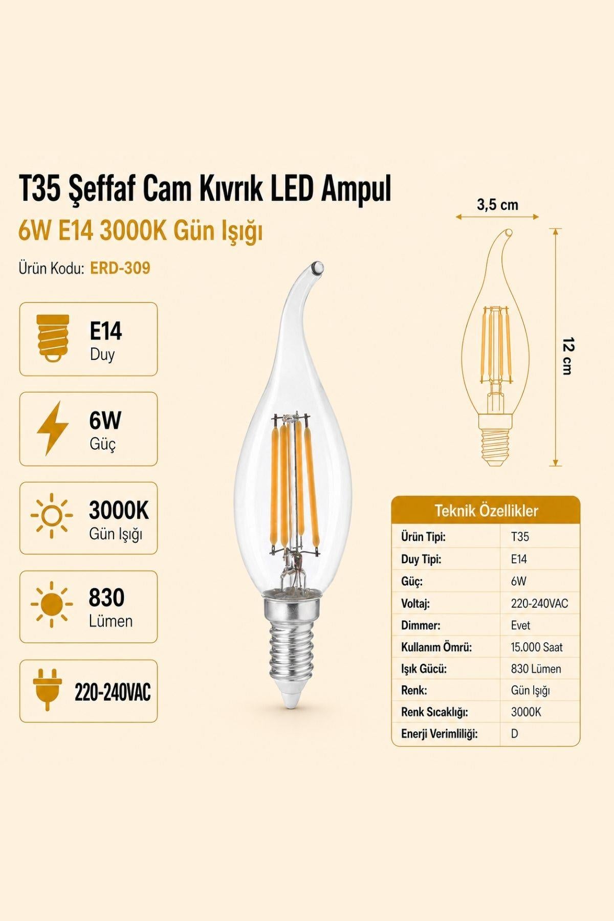 HEKA T35 Şeffaf Cam Kıvrık LED Ampul 6W E14 3000K Gün Işığı ERD-309