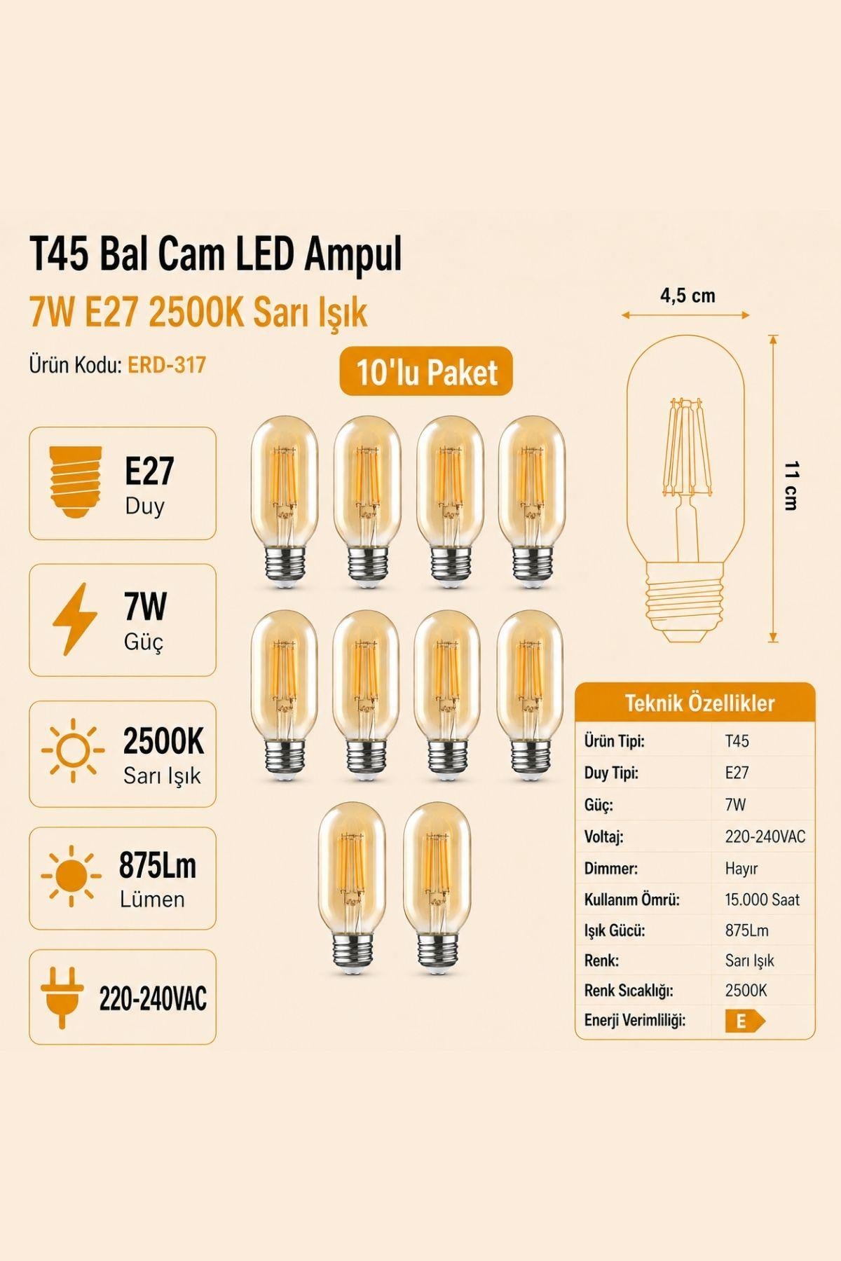 HEKA T45 Bal Cam LED Ampul 7W E27 2500K Sarı Işık ERD-317 10'lu