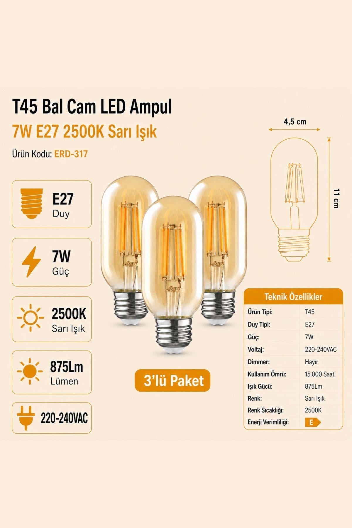 HEKA T45 Bal Cam LED Ampul 7W E27 2500K Sarı Işık ERD-317 3'lü