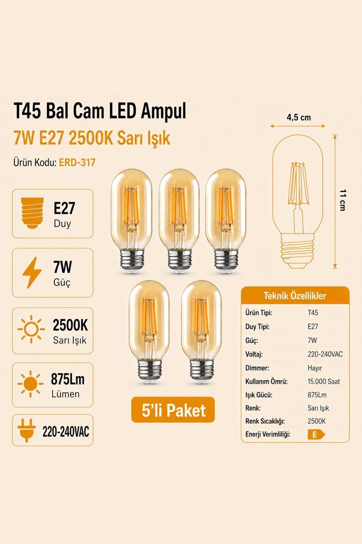 HEKA T45 Bal Cam LED Ampul 7W E27 2500K Sarı Işık ERD-317 5'li