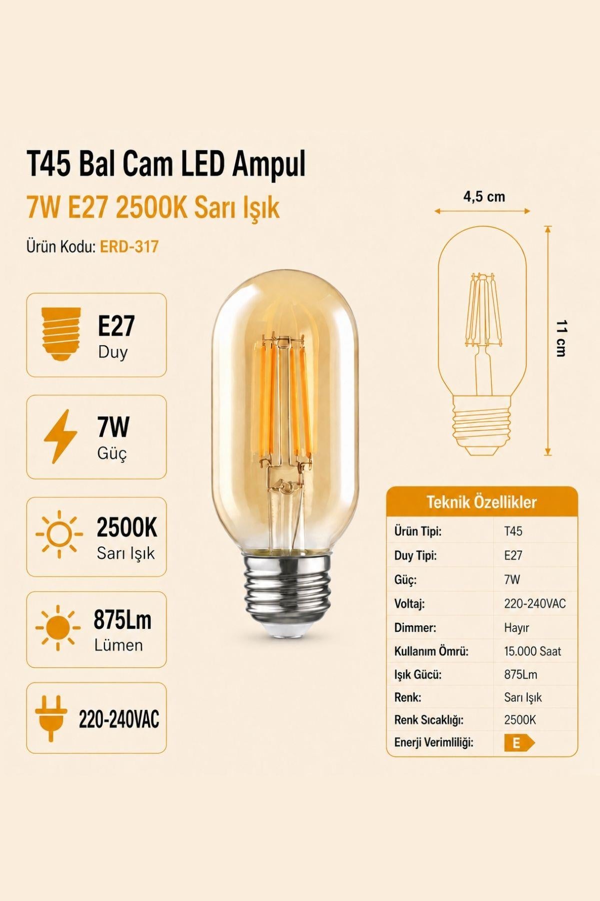 HEKA T45 Bal Cam LED Ampul 7W E27 2500K Sarı Işık ERD-317
