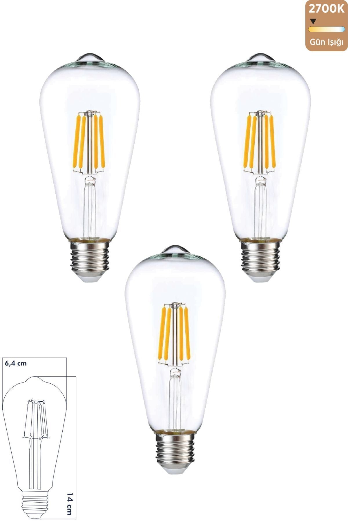 Led E27 St64 Ampul 6W 2700K Gün Işığı 3'lü ERD-85