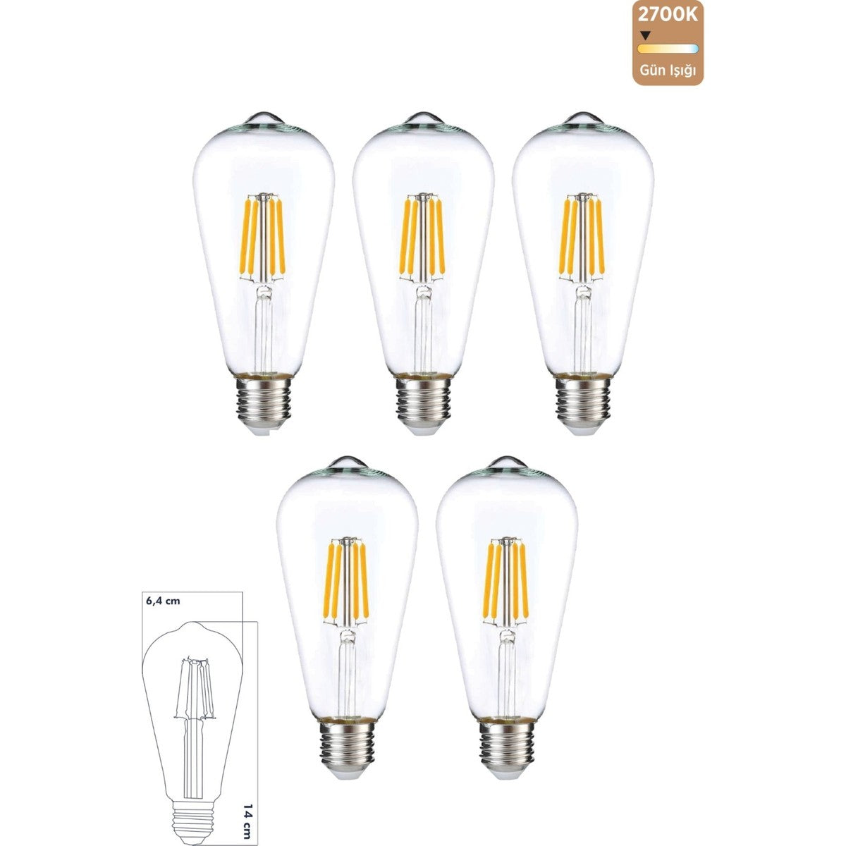 Led E27 St64 Ampul 6W 2700K Gün Işığı 5'li ERD-85