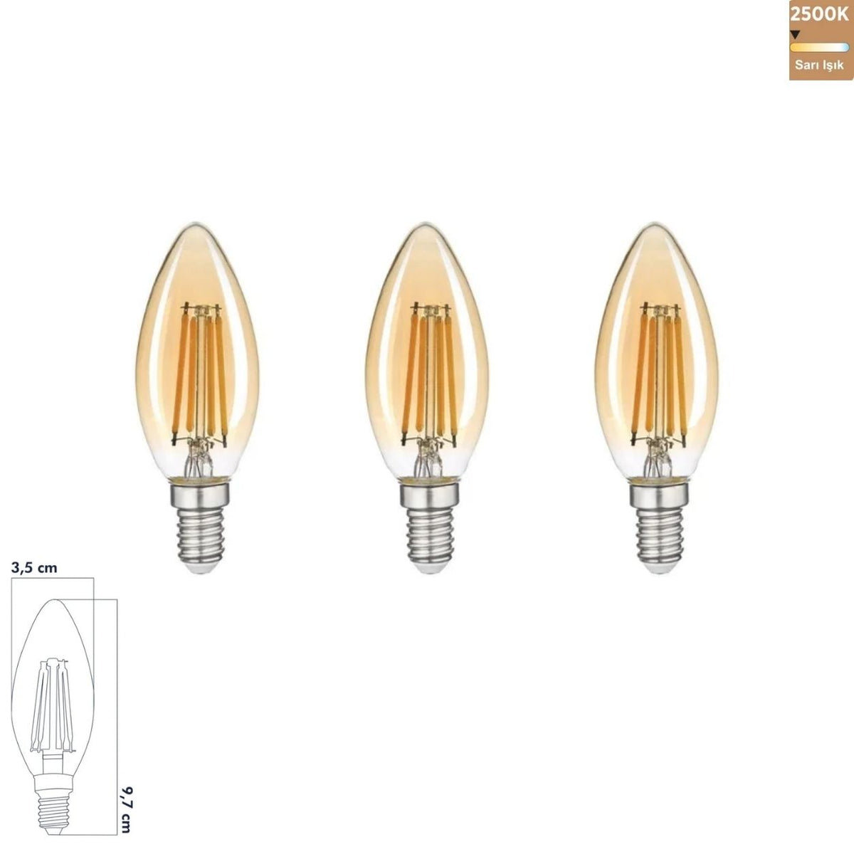 Heka C35 Bal Cam Rustik LED Ampul 6W E14 2500K Sarı Işık ERD-34 (3'lü Paket)