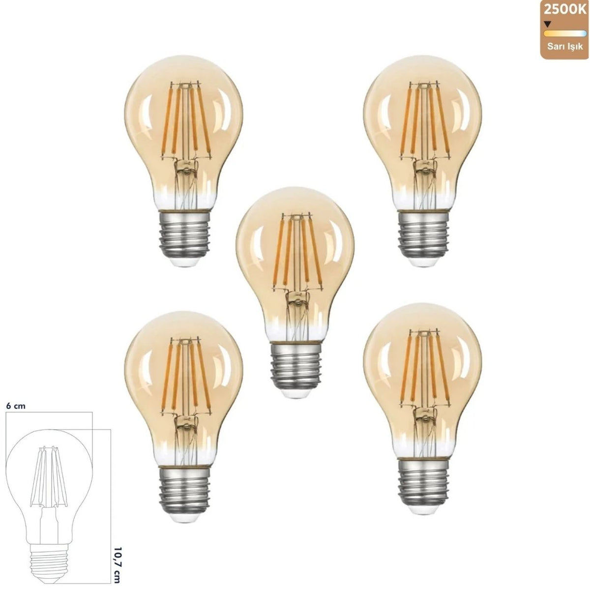 Heka A60 Bal Cam Filament LED Ampul 7W E27 2500K Sarı Işık ERD-314 (5'li Paket)