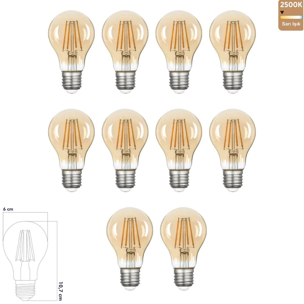 Heka A60 Bal Cam Filament LED Ampul 7W E27 2500K Sarı Işık ERD-314 (10'lu Paket)