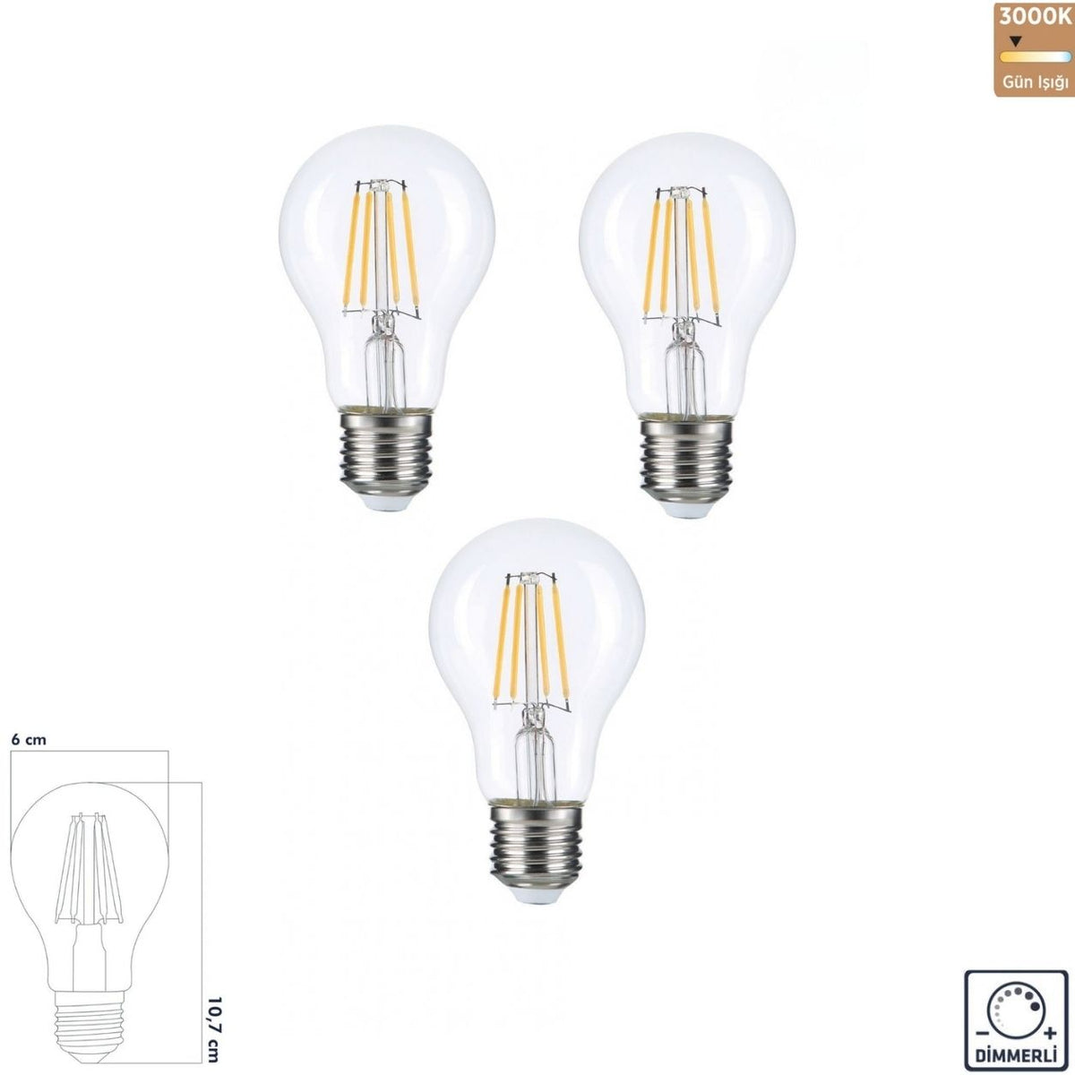 Heka A60 Şeffaf Cam Filament LED Ampul 10W E27 3000K Gün Işığı ERD-313 (3'lü Paket)