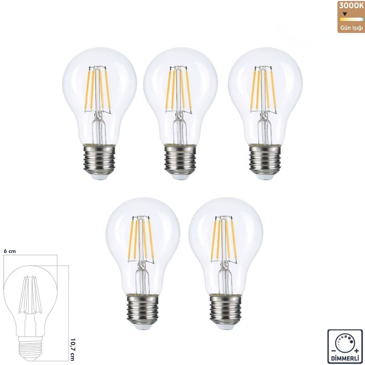 Heka A60 Şeffaf Cam Filament LED Ampul 10W E27 3000K Gün Işığı ERD-313 (5'li Paket)