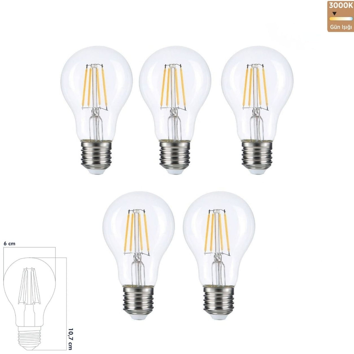 Heka A60 Şeffaf Cam Filament LED Ampul 7W E27 3000K Gün Işığı ERD-310 (5'li Paket)