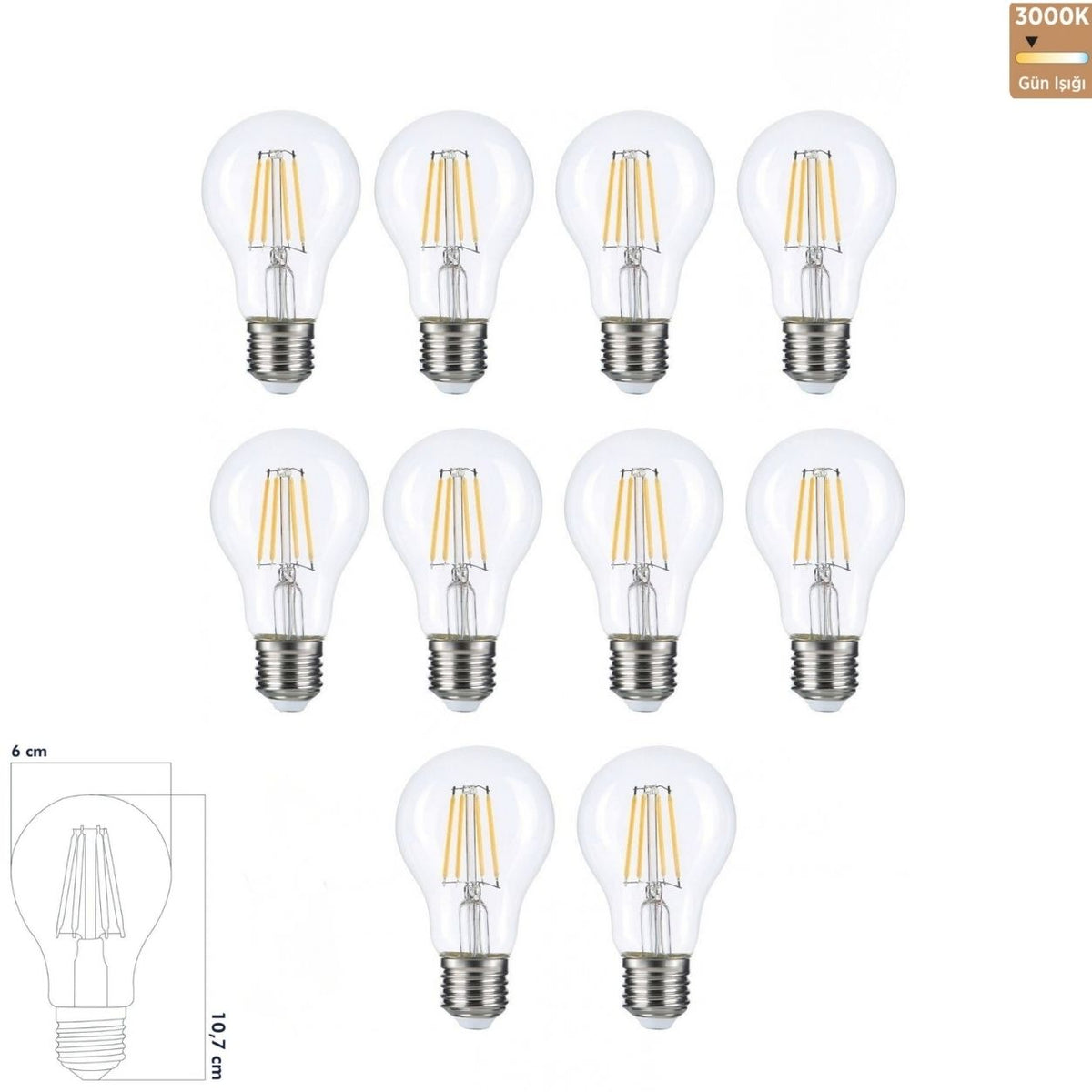 Heka A60 Şeffaf Cam Filament LED Ampul 7W E27 3000K Gün Işığı ERD-310 (10'lu Paket)