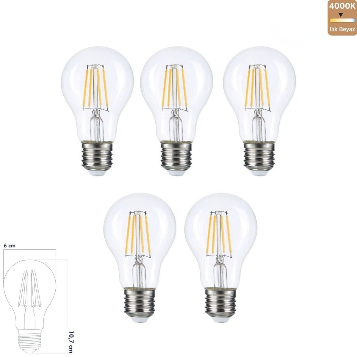 Heka A60 Şeffaf Cam Filament LED Ampul 7W E27 4000K Ilık Beyaz ERD-311 (5'li Paket)