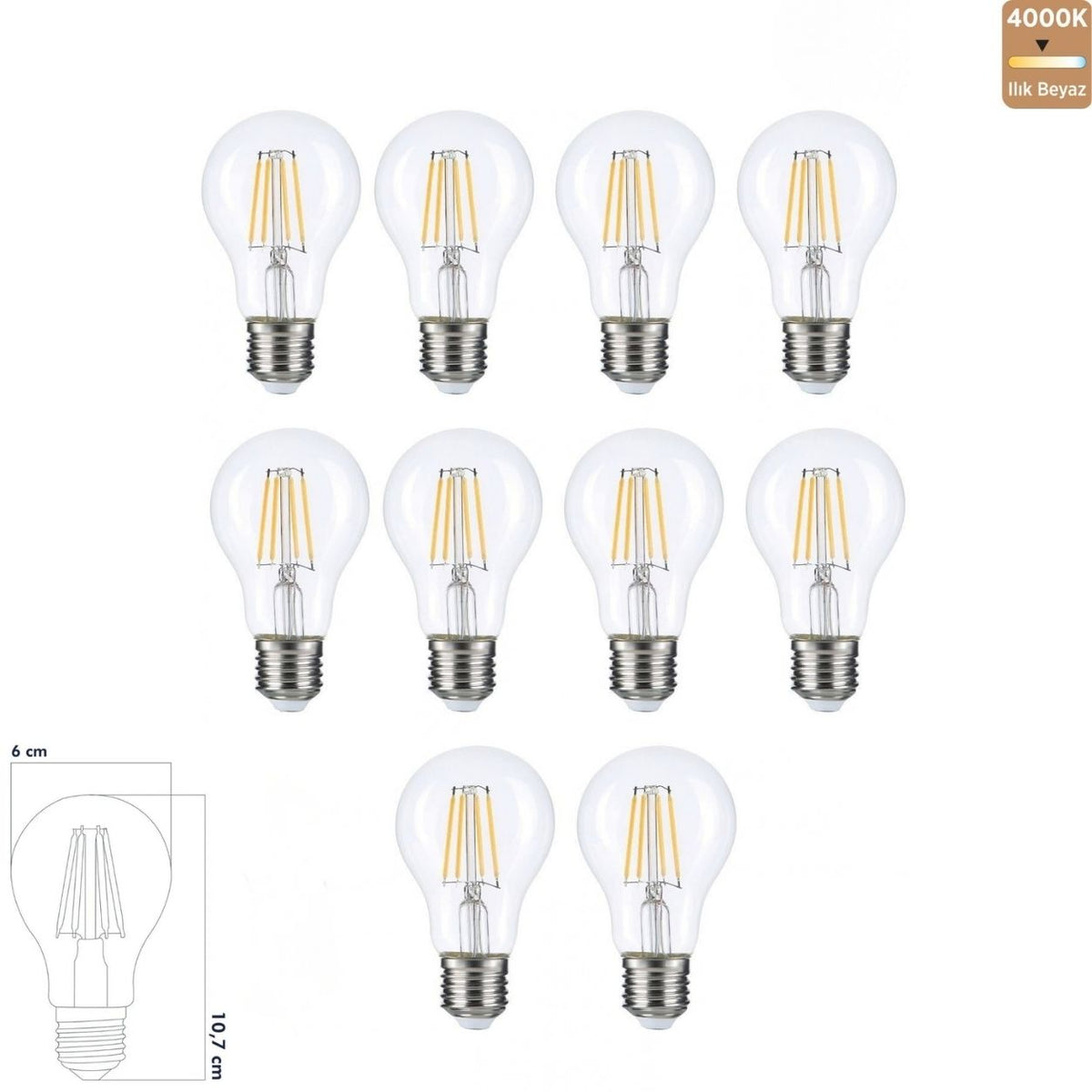 Heka A60 Şeffaf Cam Filament LED Ampul 7W E27 4000K Ilık Beyaz ERD-311 (10'lu Paket)
