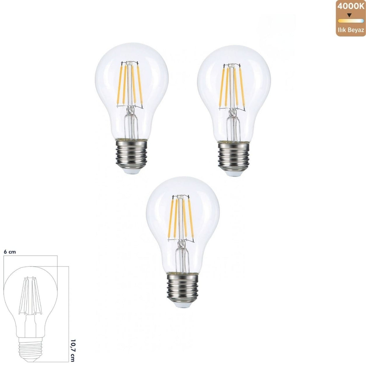 Heka A60 Şeffaf Cam Filament LED Ampul 7W E27 4000K Ilık Beyaz ERD-311 (3'lü Paket)