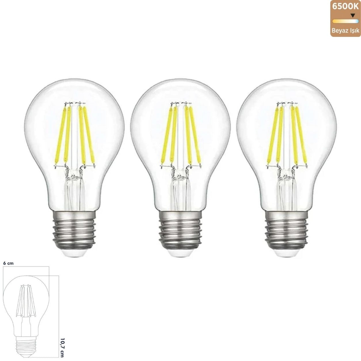 Heka A60 Şeffaf Cam Filament LED Ampul 7W E27 6500K Beyaz Işık ERD-312 (3'lü Paket)