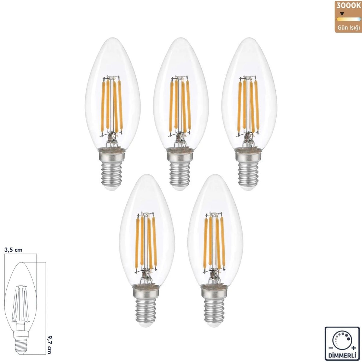 Heka C35 Şeffaf Cam Düz LED Ampul 6W E14 3000K Gün Işığı ERD-308 (5'li Paket)