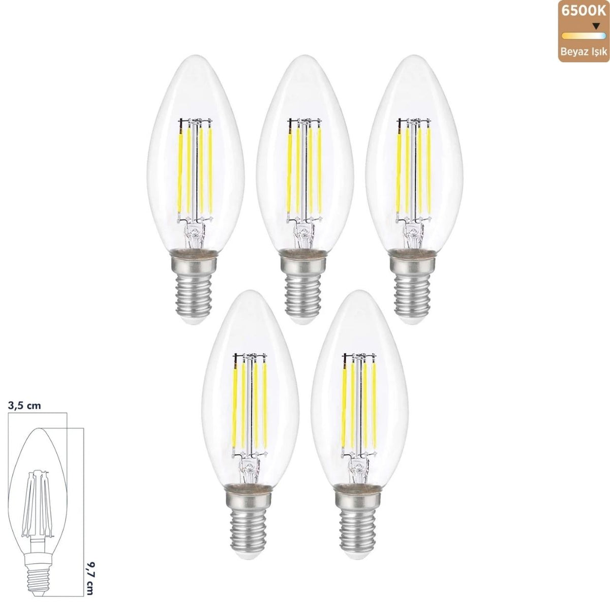 Heka C35 Şeffaf Cam Düz LED Ampul 6W E14 6500K Beyaz Işık ERD-93 (5'li Paket) Yeni