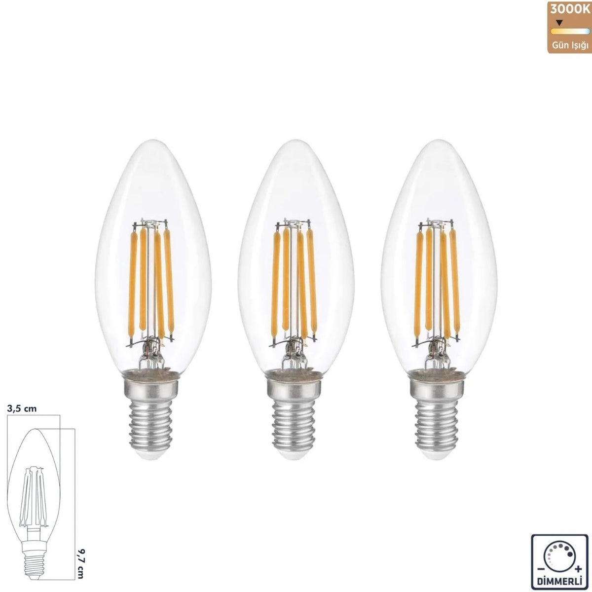 Heka C35 Şeffaf Cam Düz LED Ampul 6W E14 3000K Gün Işığı ERD-308 (3'lü Paket)