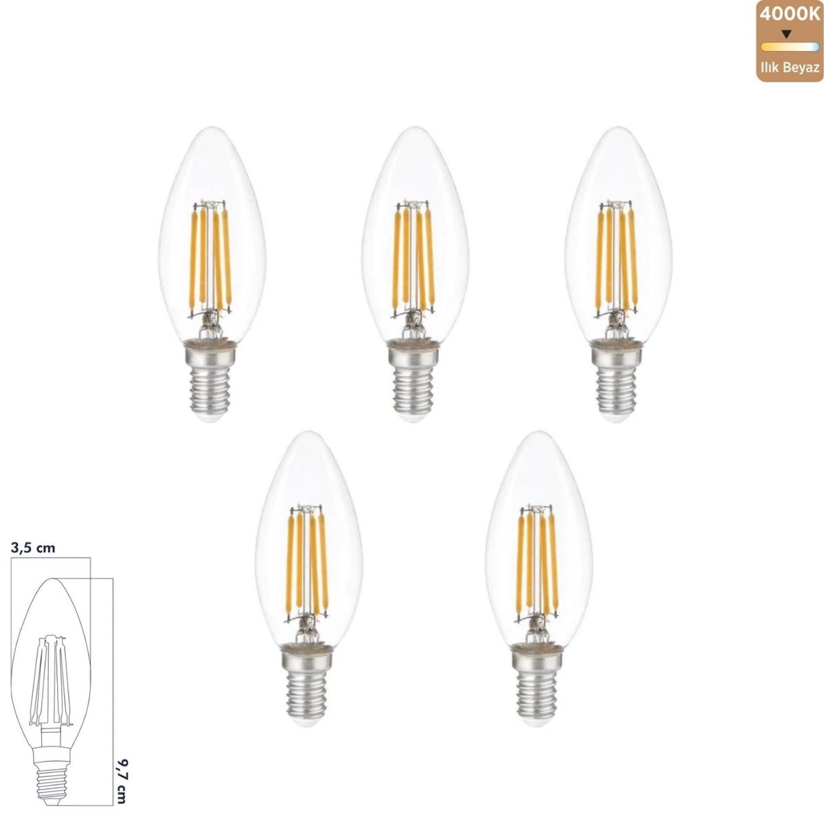 Heka C35 Şeffaf Cam Filament LED Ampul 6W E14 4000K Ilık Beyaz ERD-282 (5'li Paket)