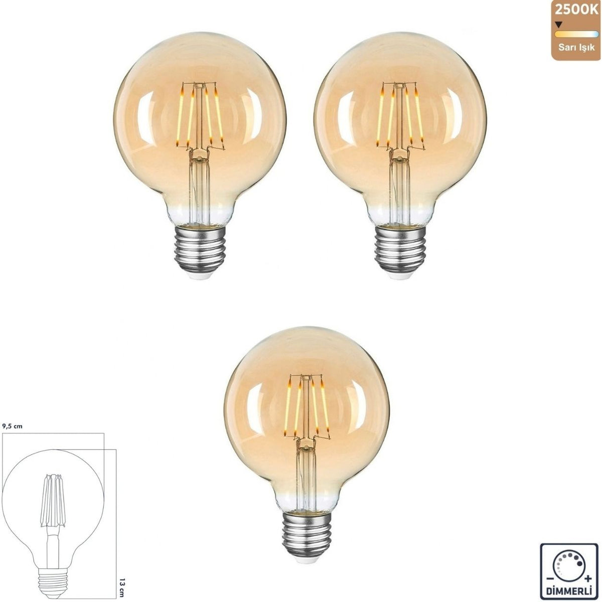 Heka G95 Bal Cam LED Ampul 10W E27 2500K Sarı Işık ERD-316 (3'lü Paket)