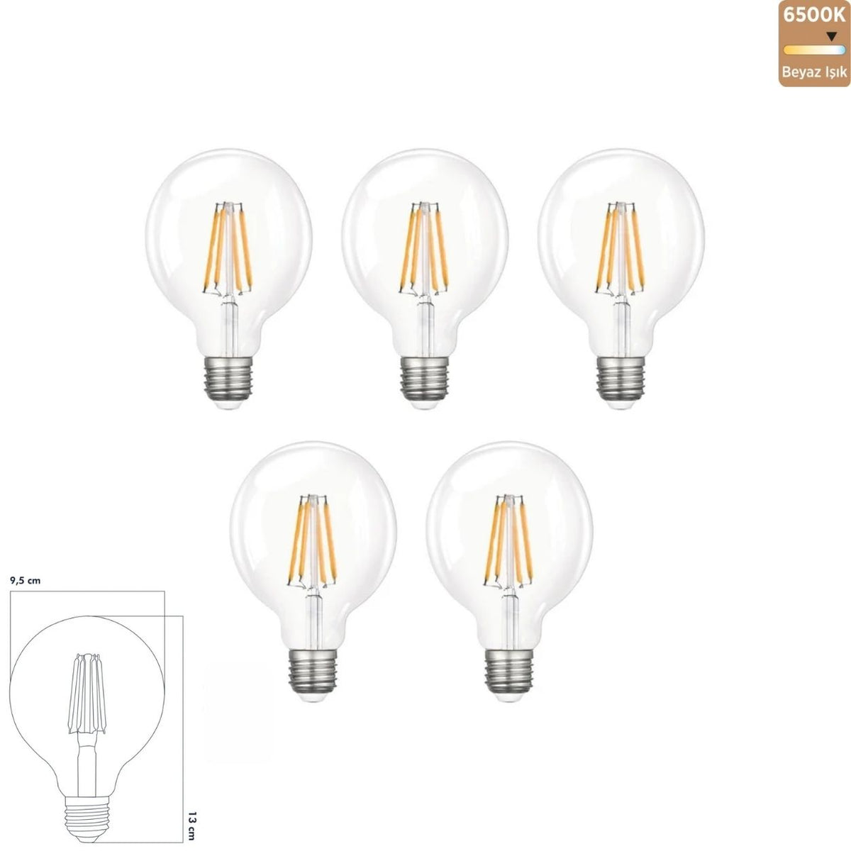 Heka G95 Şeffaf Cam LED Ampul 7W E27 6500K Beyaz Işık ERD-323 (5'li Paket)