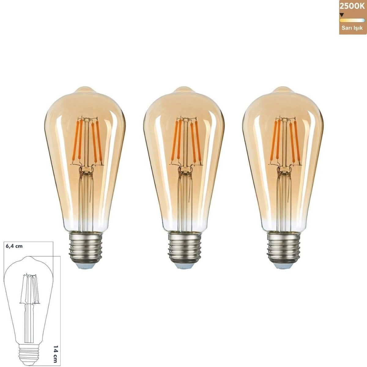 Heka ST64 Bal Cam LED Ampul 7W E27 2500K Sarı Işık ERD-321 (3'lü Paket)