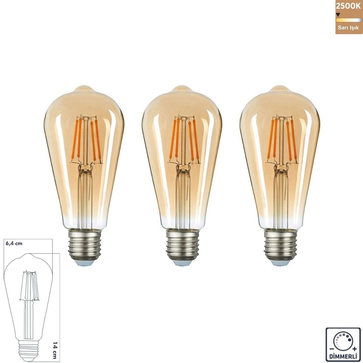 Heka ST64 Bal Cam LED Ampul 10W E27 2500K Sarı Işık ERD-315 (3'lü Paket)