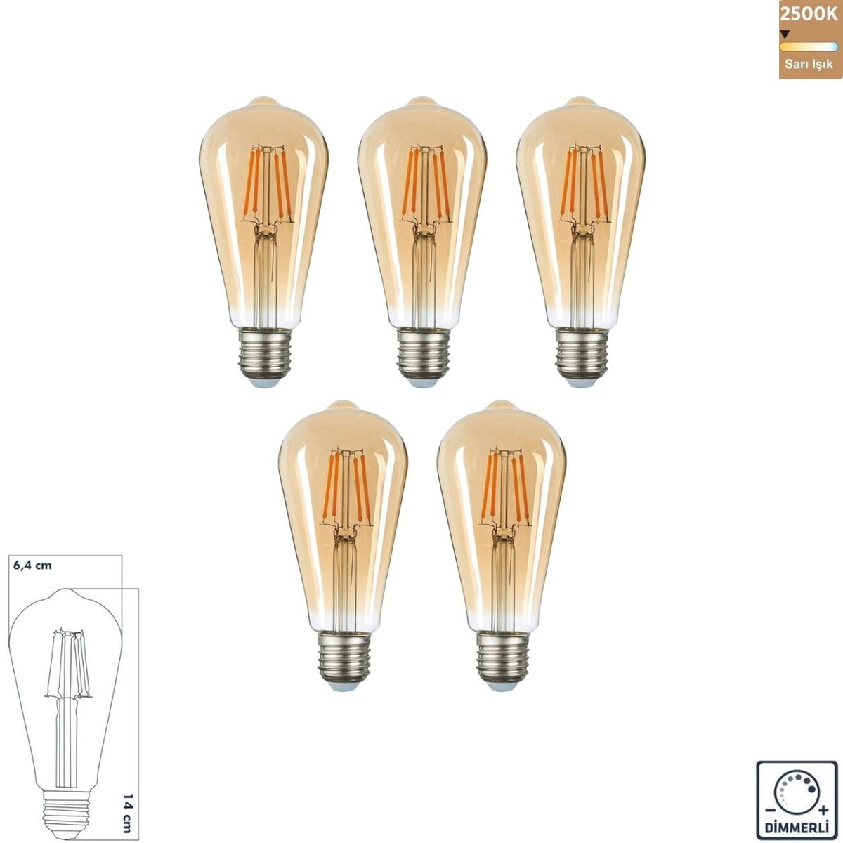Heka ST64 Bal Cam LED Ampul 10W E27 2500K Sarı Işık ERD-315 (5'li Paket)