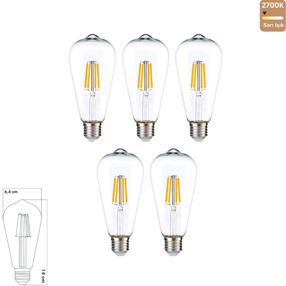 Heka ST64 Şeffaf Cam LED Ampul 7W E27 2700K Sarı Işık ERD-319 (5'li Paket)