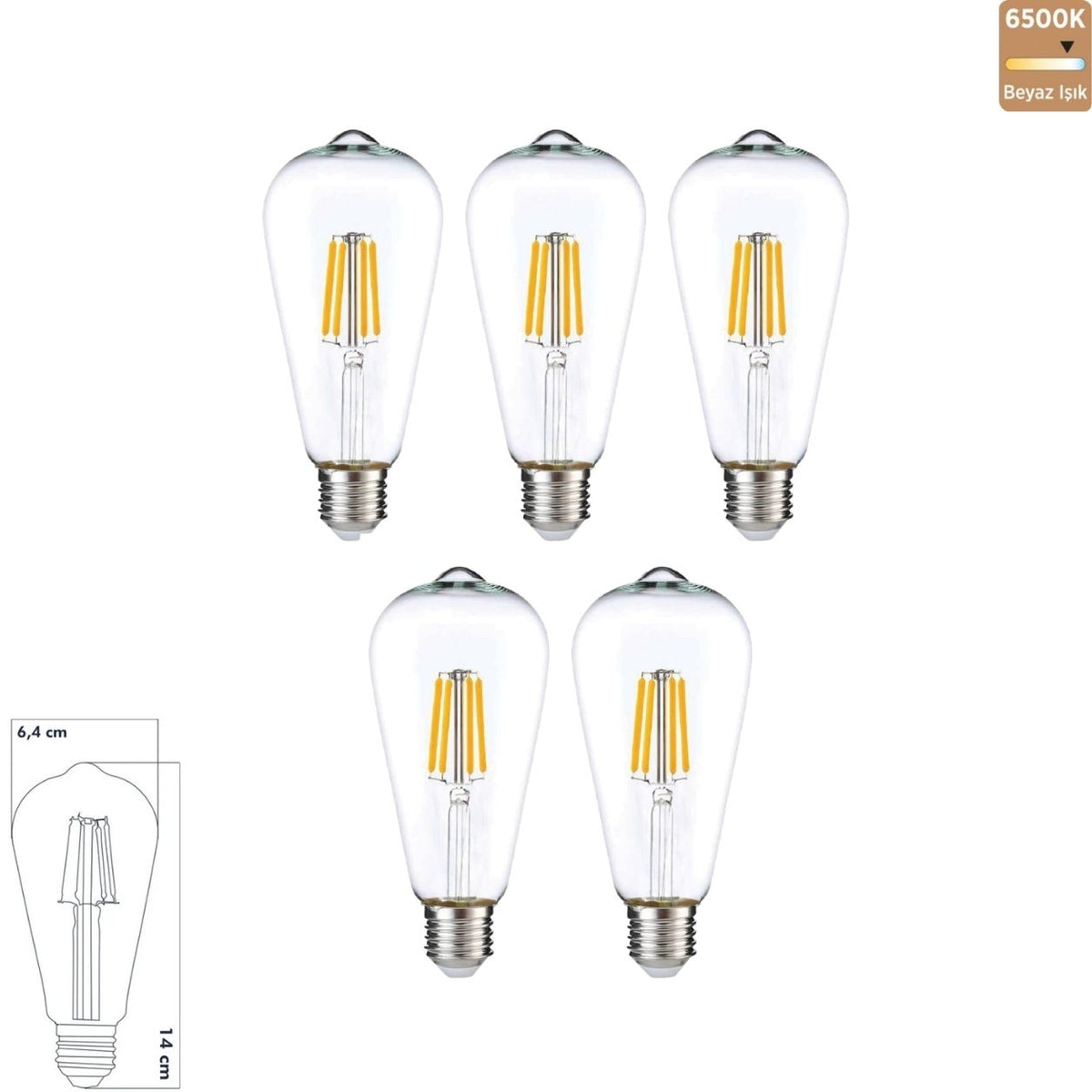Heka ST64 Şeffaf Cam LED Ampul 7W E27 6500K Beyaz Işık ERD-320 (5'li Paket)