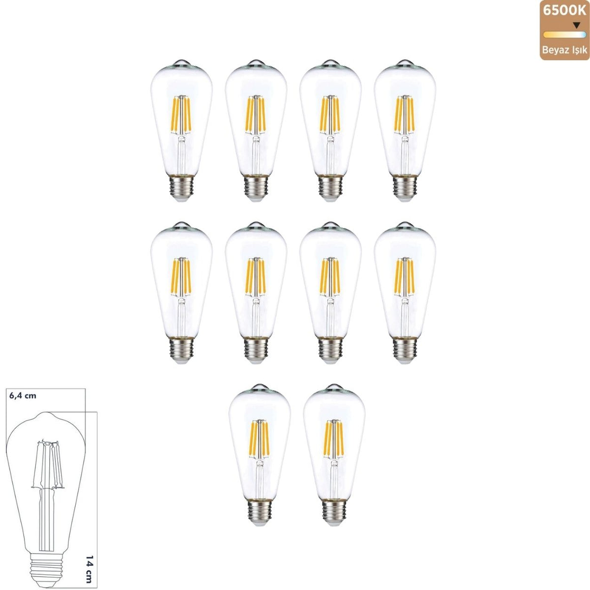 Heka ST64 Şeffaf Cam LED Ampul 7W E27 6500K Beyaz Işık ERD-320 (10'lu Paket)