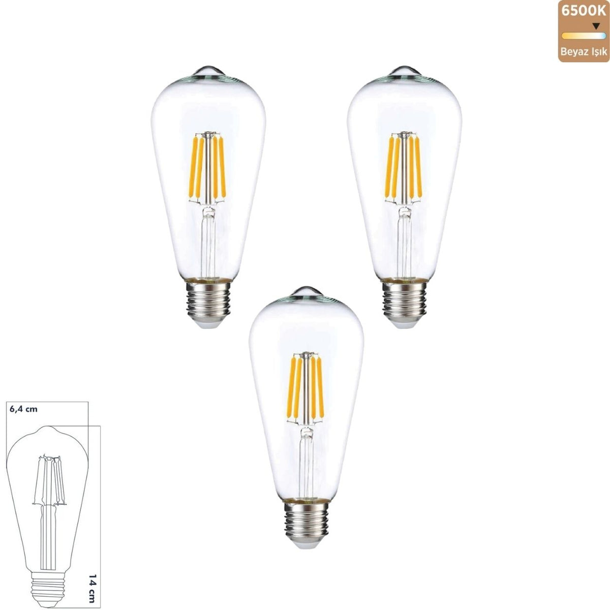 Heka ST64 Şeffaf Cam LED Ampul 7W E27 6500K Beyaz Işık ERD-320 (3'lü Paket)