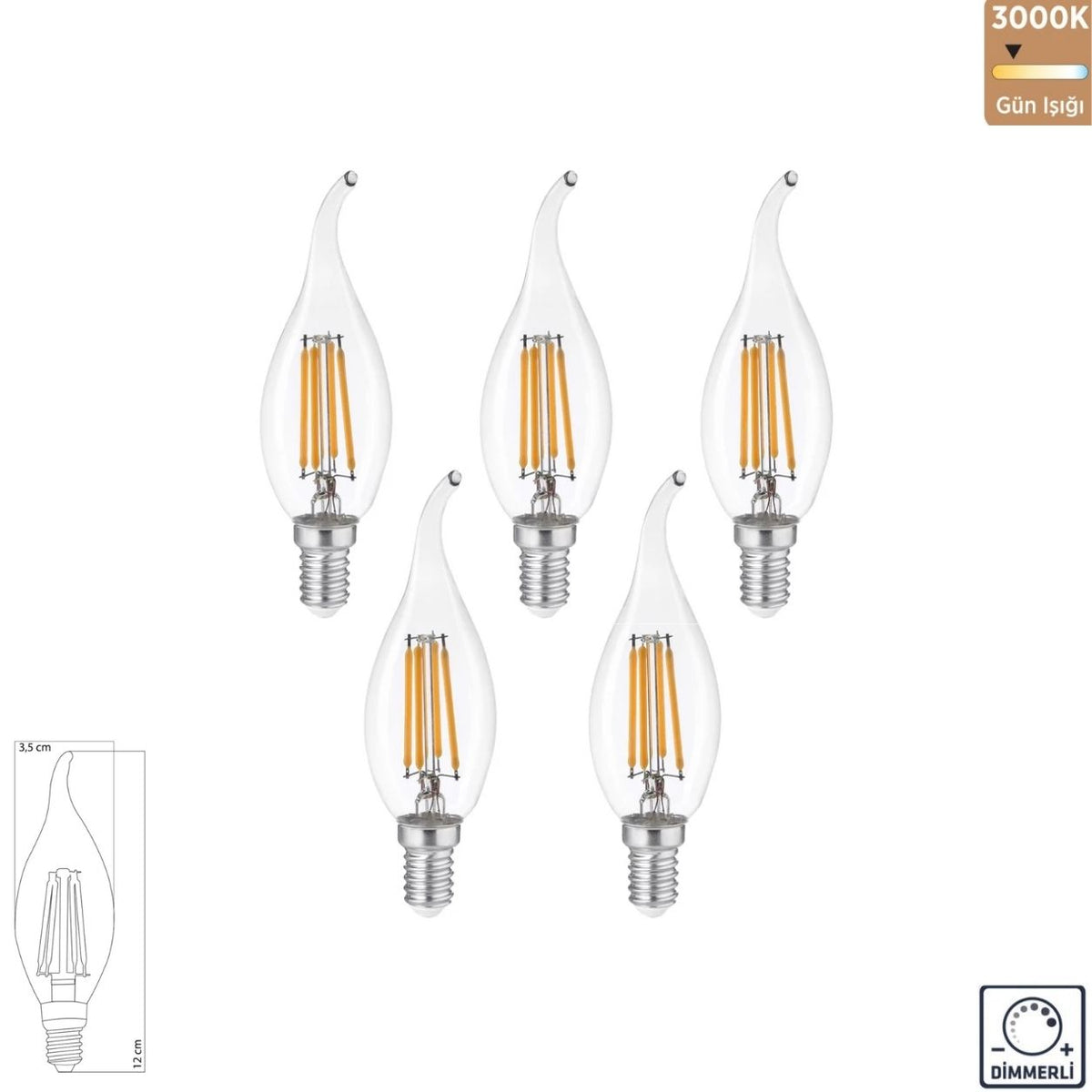 Heka T35 Şeffaf Cam Kıvrık LED Ampul 6W E14 3000K Gün Işığı ERD-309 (5'li Paket)