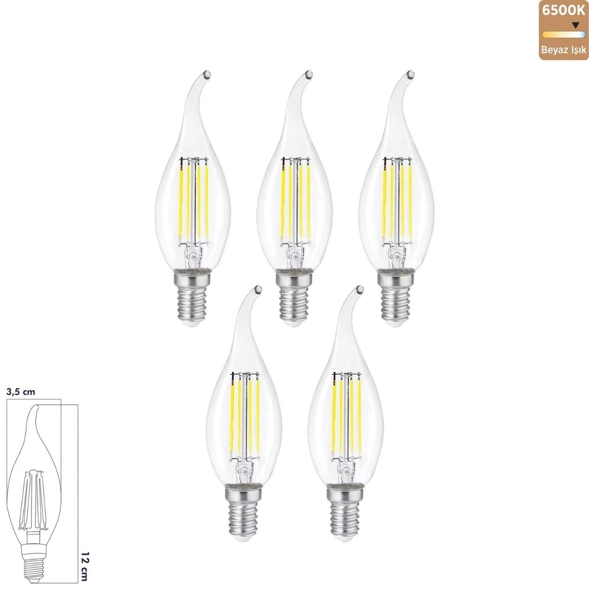Heka T35 Kıvrık Şeffaf Cam LED Ampul 6W E14 6500K Beyaz Işık ERD-94 (5'li Paket)