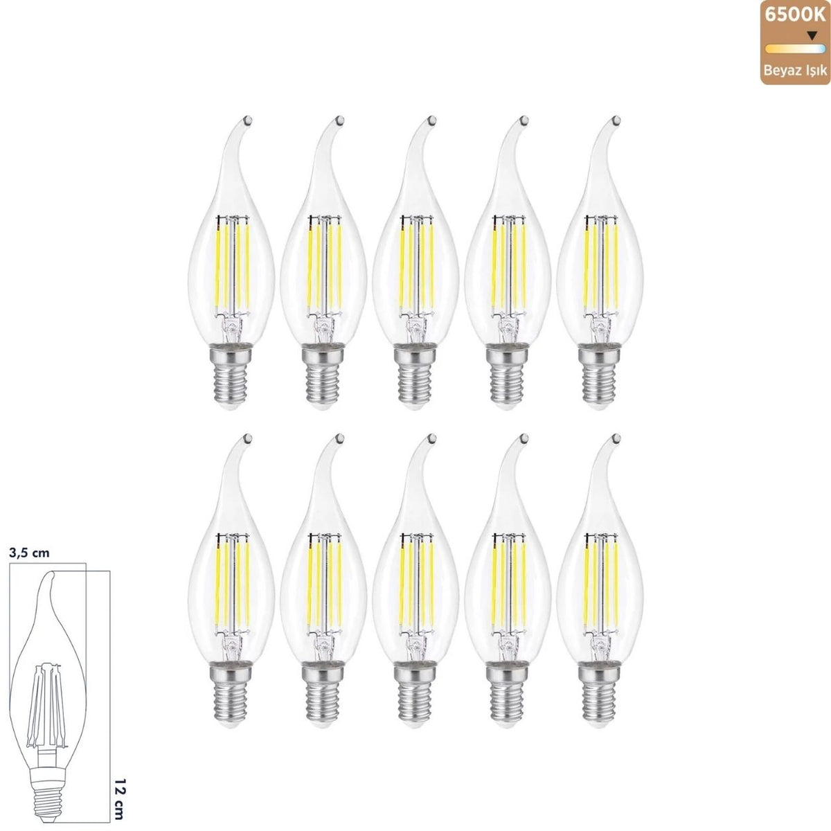 Heka T35 Kıvrık Şeffaf Cam LED Ampul 6W E14 6500K Beyaz Işık ERD-94 (10'lu Paket)