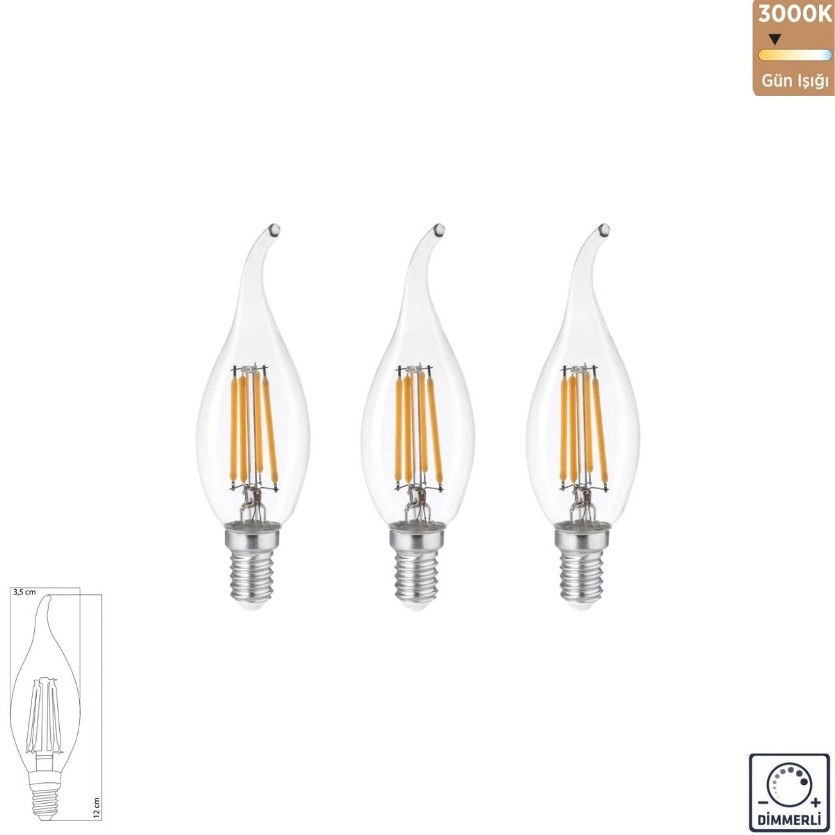 Heka T35 Şeffaf Cam Kıvrık LED Ampul 6W E14 3000K Gün Işığı ERD-309 (3'lü Paket)