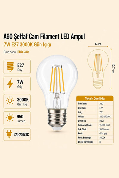 HEKA A60 Şeffaf Cam Filament LED Ampul 7W E27 3000K Gün Işığı ERD-310